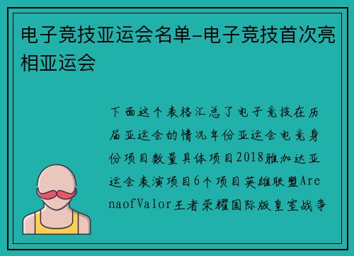 电子竞技亚运会名单-电子竞技首次亮相亚运会